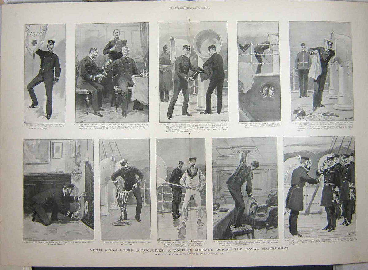 Original Old Antique Print 1895 Doctor Navy War Ship Naval Manoeuvres Crosbie