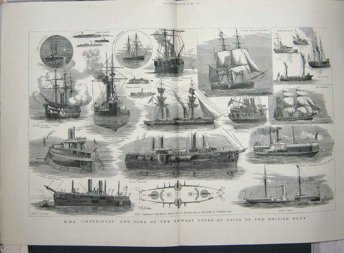 Original Old Antique Print 1883 War Ship Imperieuse British Navy Ajax Edinburgh