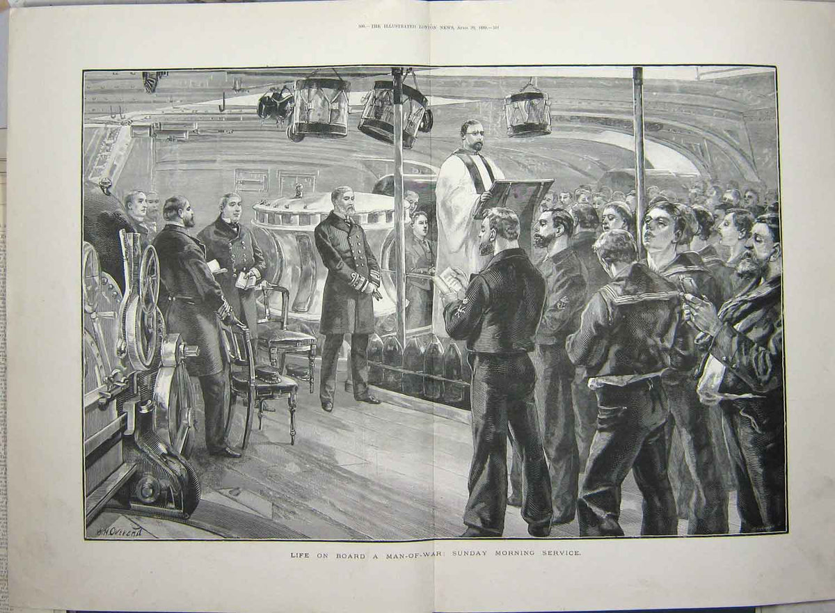 Original Old Antique Print 1889 Life Board Man-Of-War Ship Navy Sunday Service