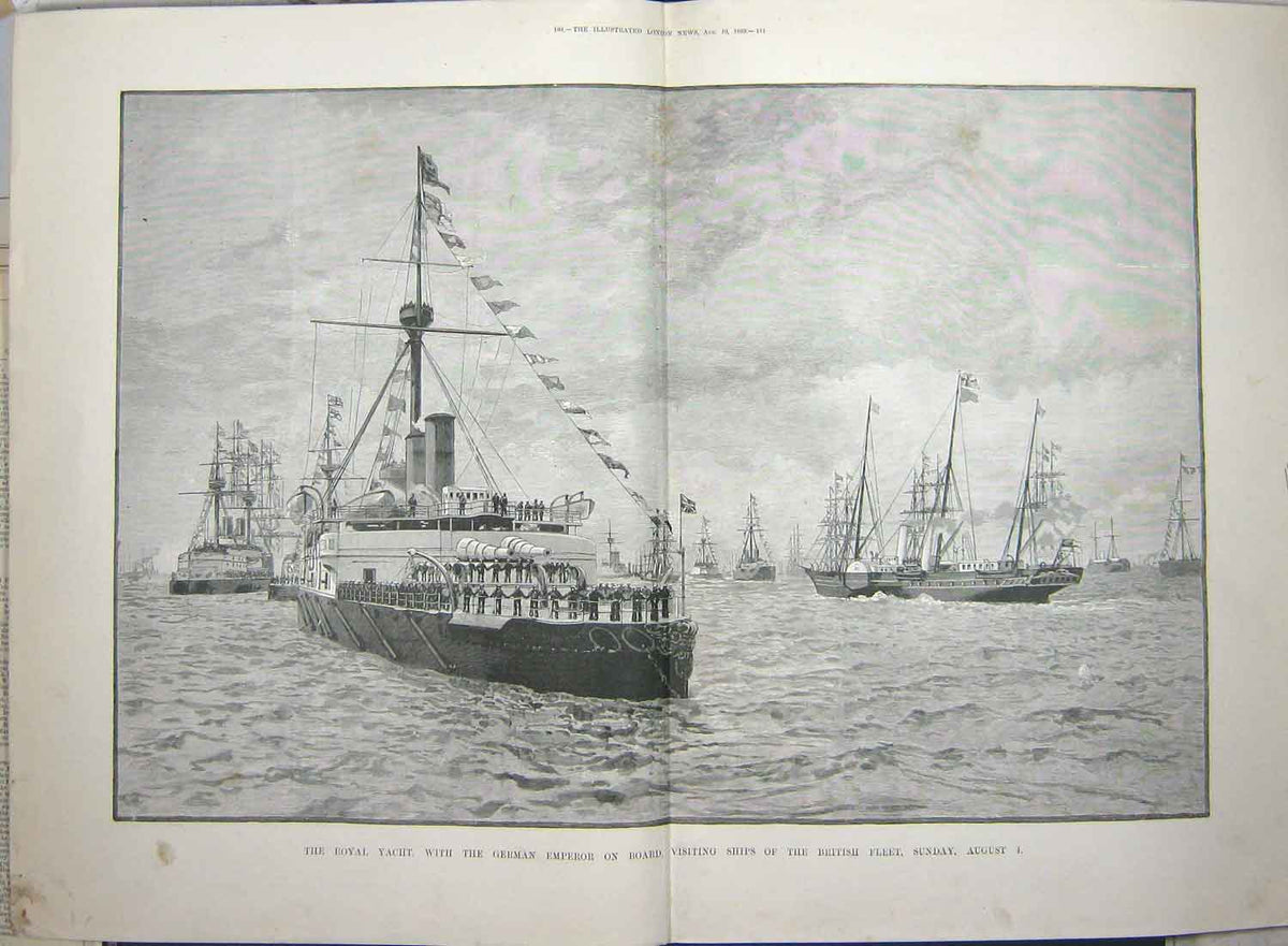 Original Old Antique Print 1889 Royal Yacht German Emperor British Ships War