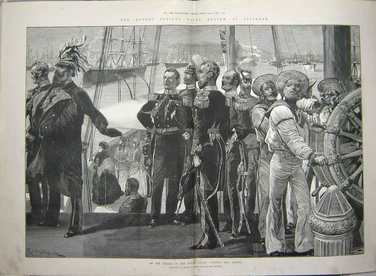 Old Antique Print 1887 Queen Jubilee Navy Review Spithead Victoria Albert 19th