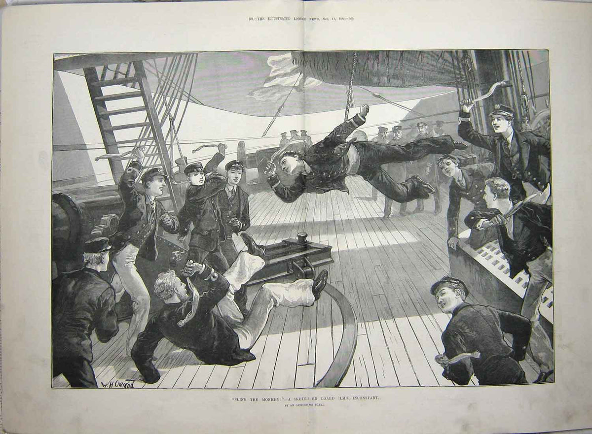 Original Old Antique Print 1882 Monkey Sling War Ship H.M.S. Inconstant Overend