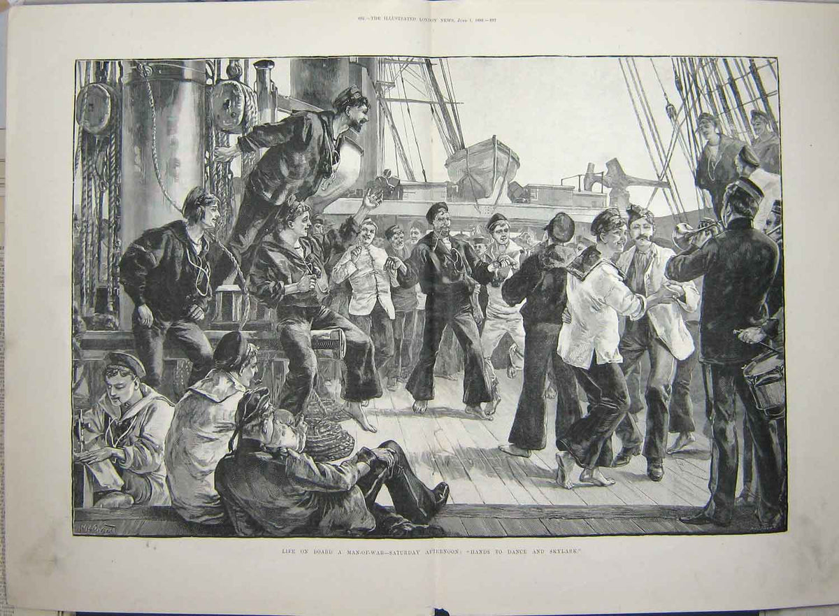 Original Old Antique Print 1889 Man-Of-War Ship Life Board Navy Sailors Dancing