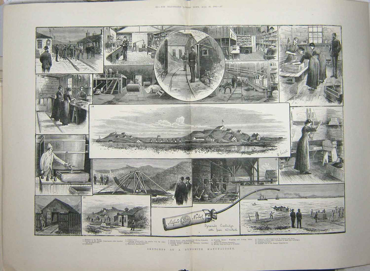 Original Old Antique Print 1884 Dynamite Manufactory War Weapons Magazine 19th