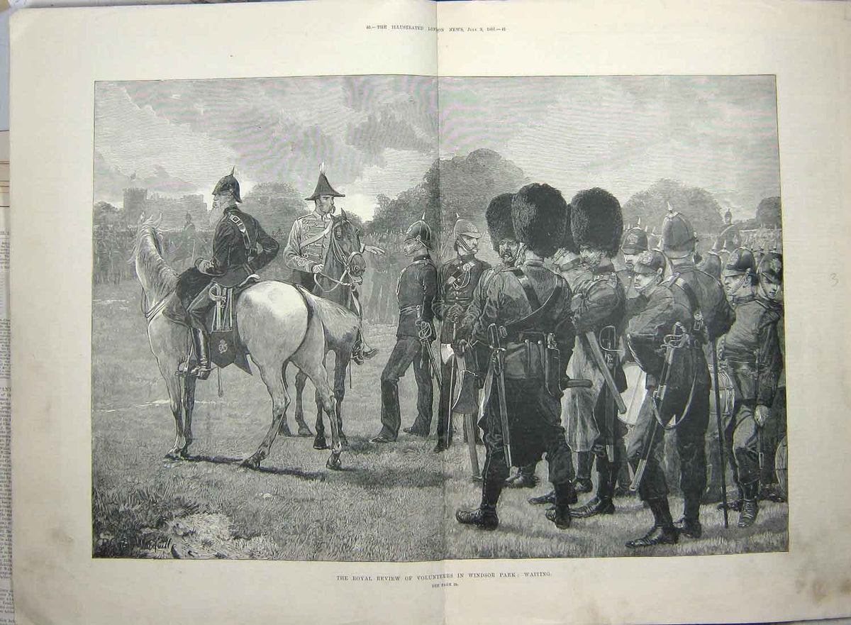 Original Old Antique Print 1881 Royal Review Volunteers Windsor Park London War