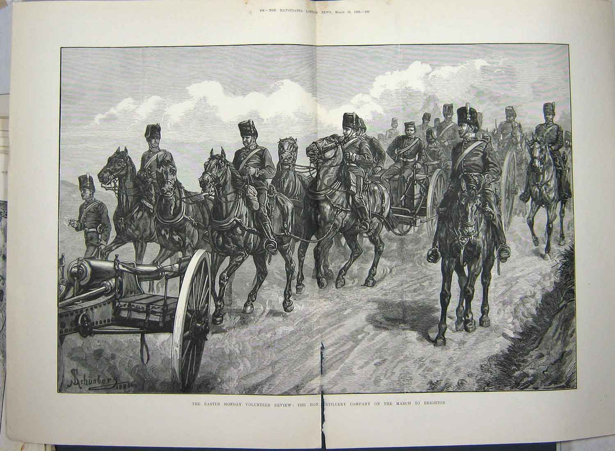 Original Old Antique Print 1883 Artillery Company Marching Brighton War Siers