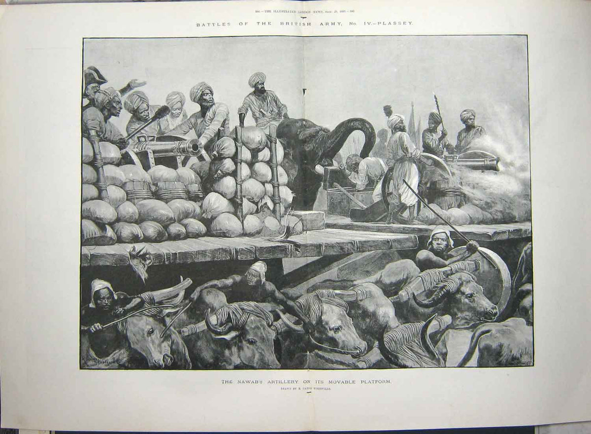 Original Old Antique Print 1893 British Army Plassey Nawab Artillery Siers War