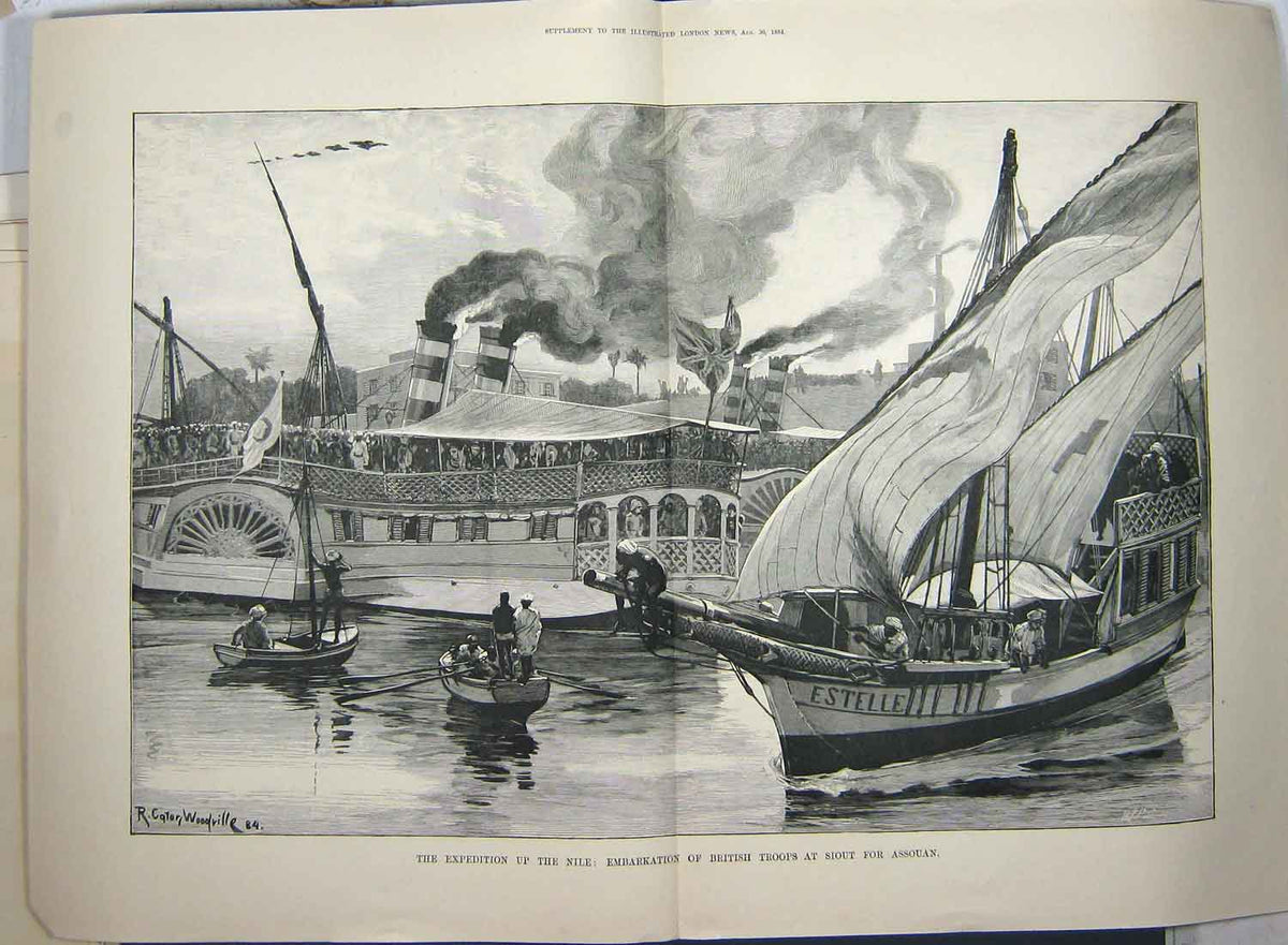 Old Antique Print 1884 River Nile British Troops Siout Assouan War Boats 19th