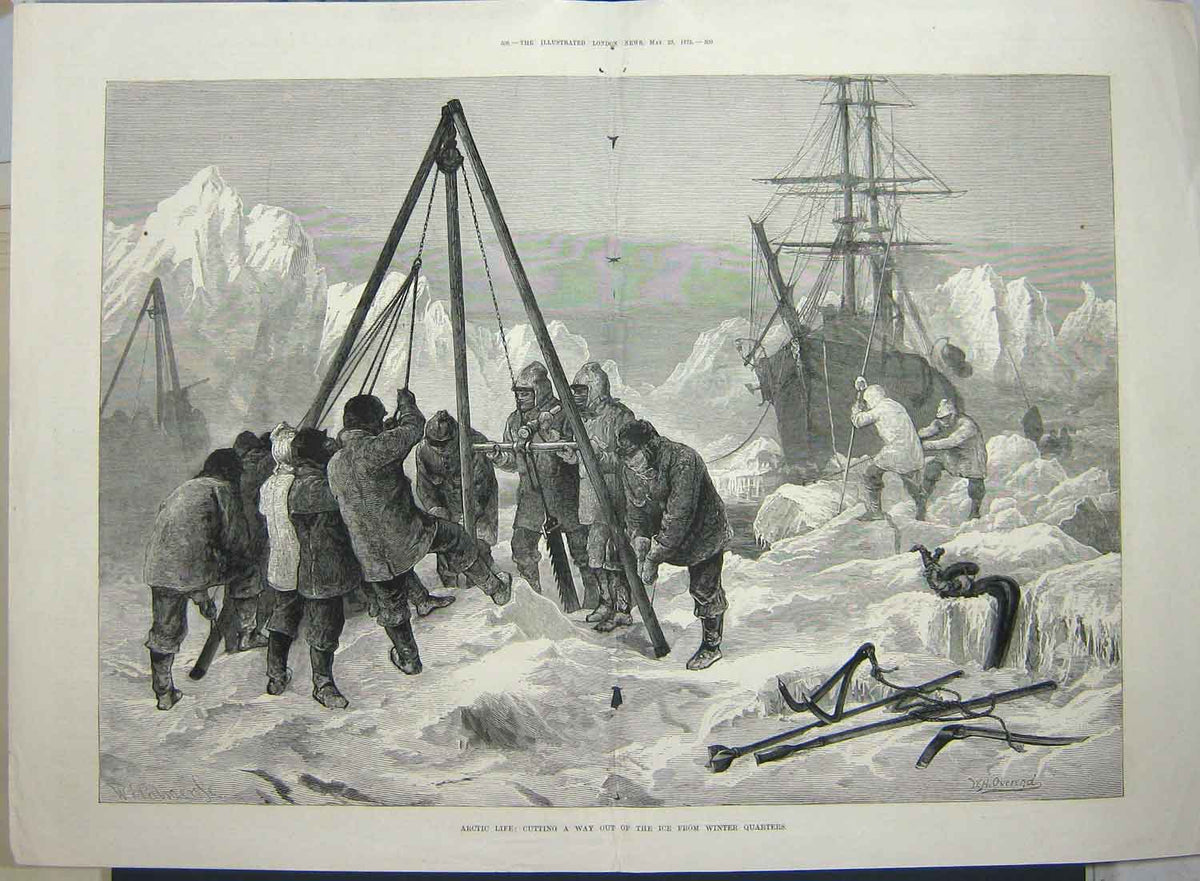Old Antique Print 1875 Arctic Life Cutting Ice Winter Quarters Ship Art 19th