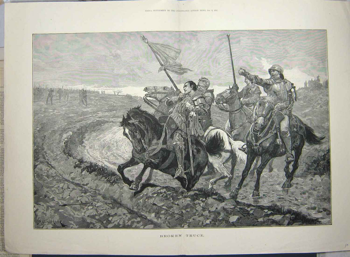 Original Old Antique Print 1881 War Scene Men Armour Horses Siers Fine Art 19th