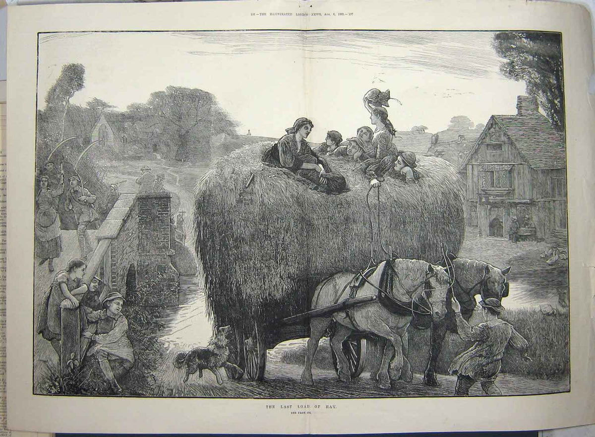 Original Old Antique Print 1881 Fine Art Load Hay Cart Farming Horses Victorian