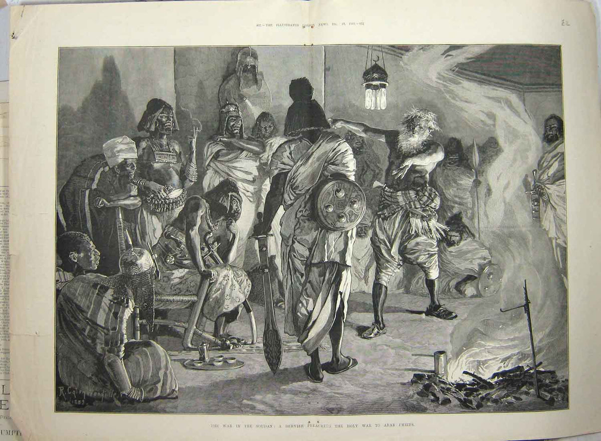 Original Old Antique Print 1883 War Soudan Dervish Preaching Holy Arab Chiefs