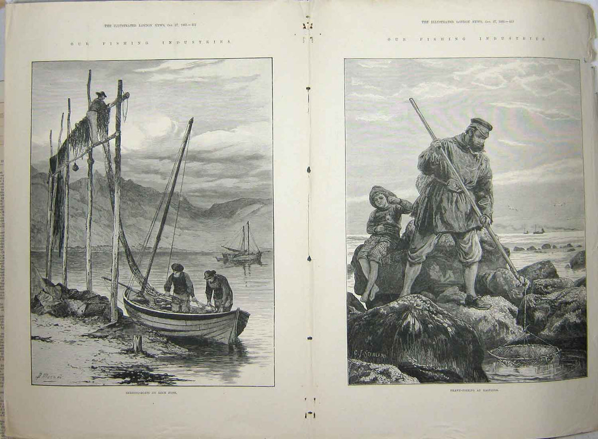 Old Antique Print 1883 Fishing Herring Loch Fyne Prawn Hastings Industry 19th