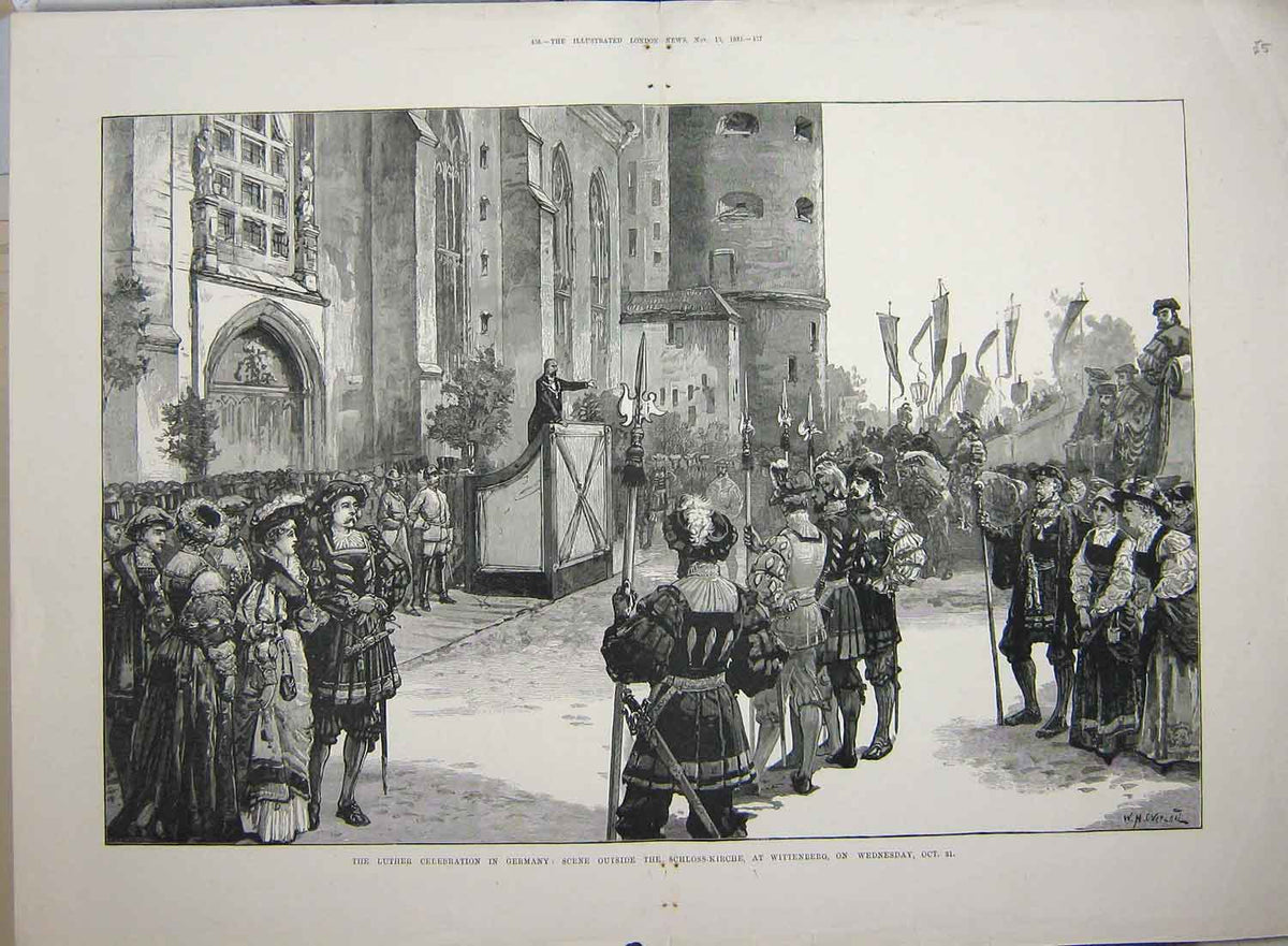 Old Antique Print 1883 Luther Germany Schloss-Kirche Wittenberg Fine Art 19th