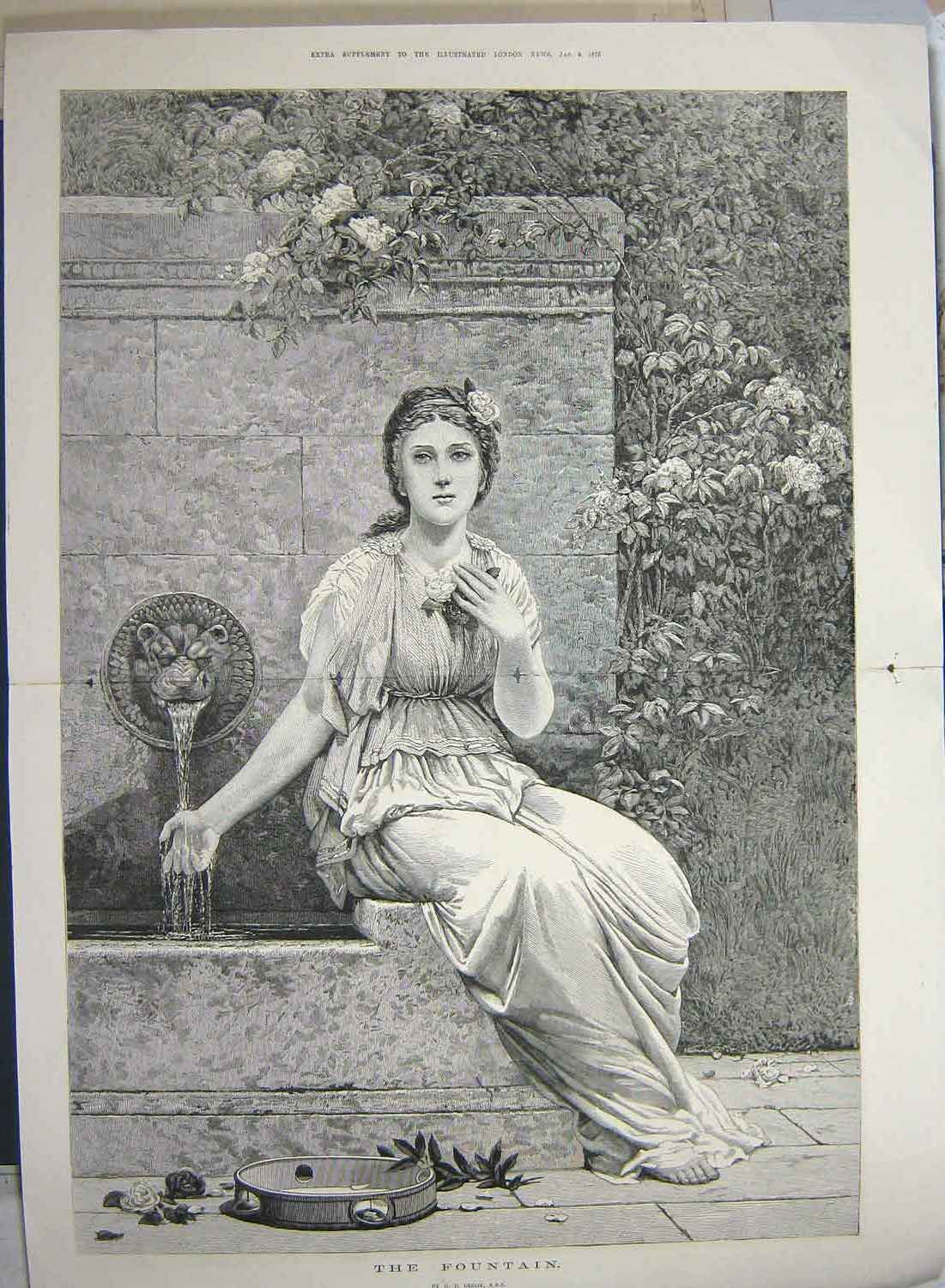 Original Old Antique Print 1875 Leslie Fine Art Beautiful Lady Fountain Water