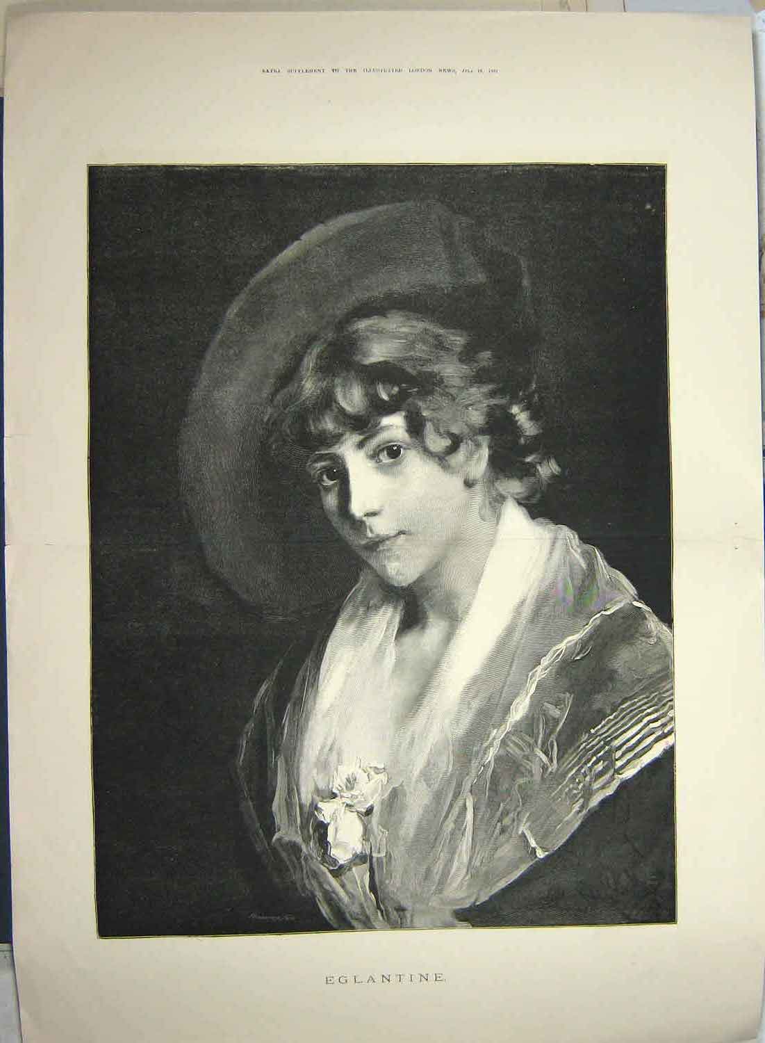 Old Antique Print 1881 Fine Art Portrait Beautiful Woman Eglantine Lady 19th