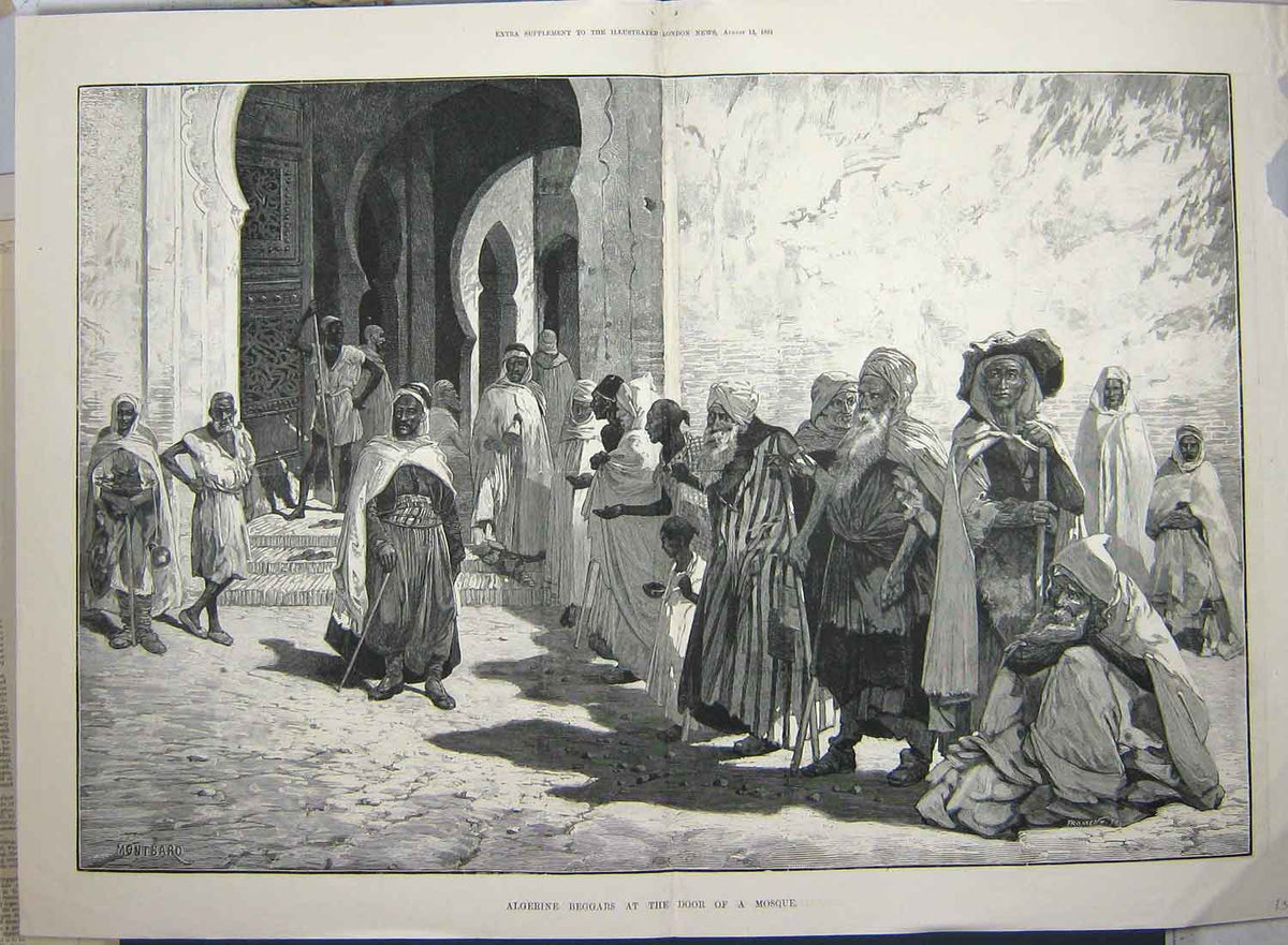 Original Old Antique Print 1881 Scene Algerine Beggars Door Mosque Fine Art