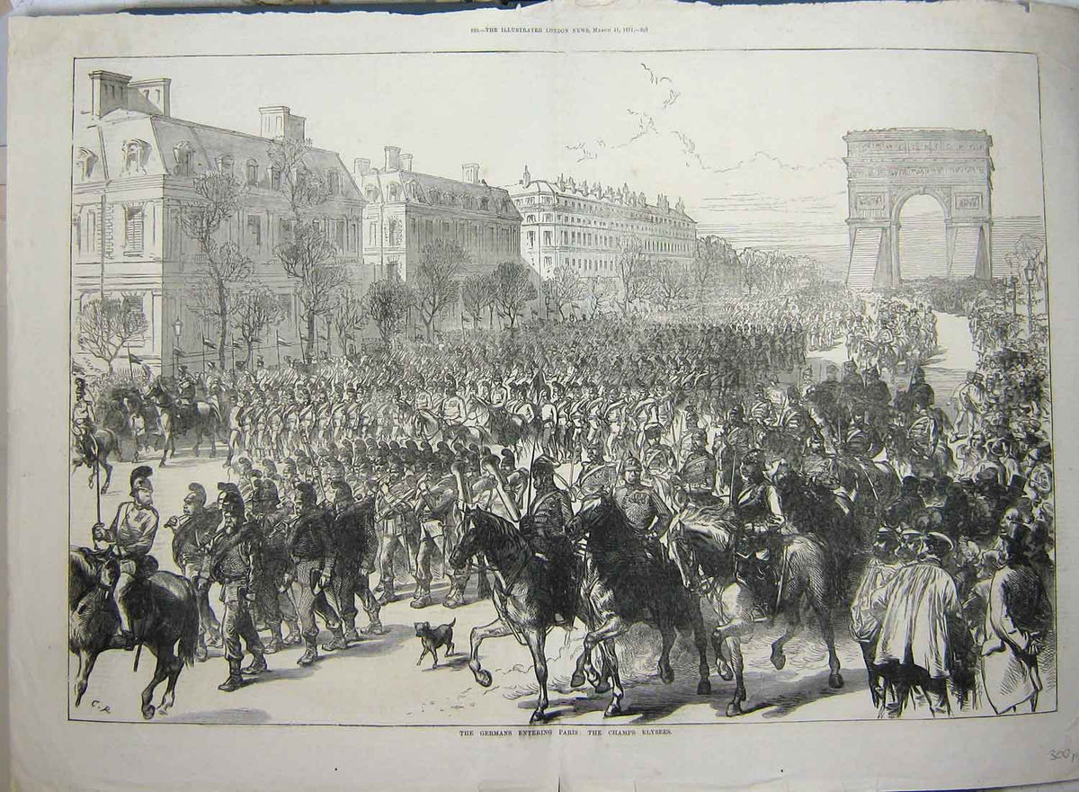 Old Antique Print 1871 Scene Germans Entering Paris Champs Elysees France 19th