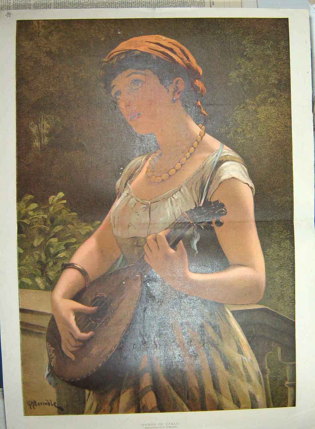Original Old Antique Print 1884 Colour Portrait Beautiful Woman Music Italy