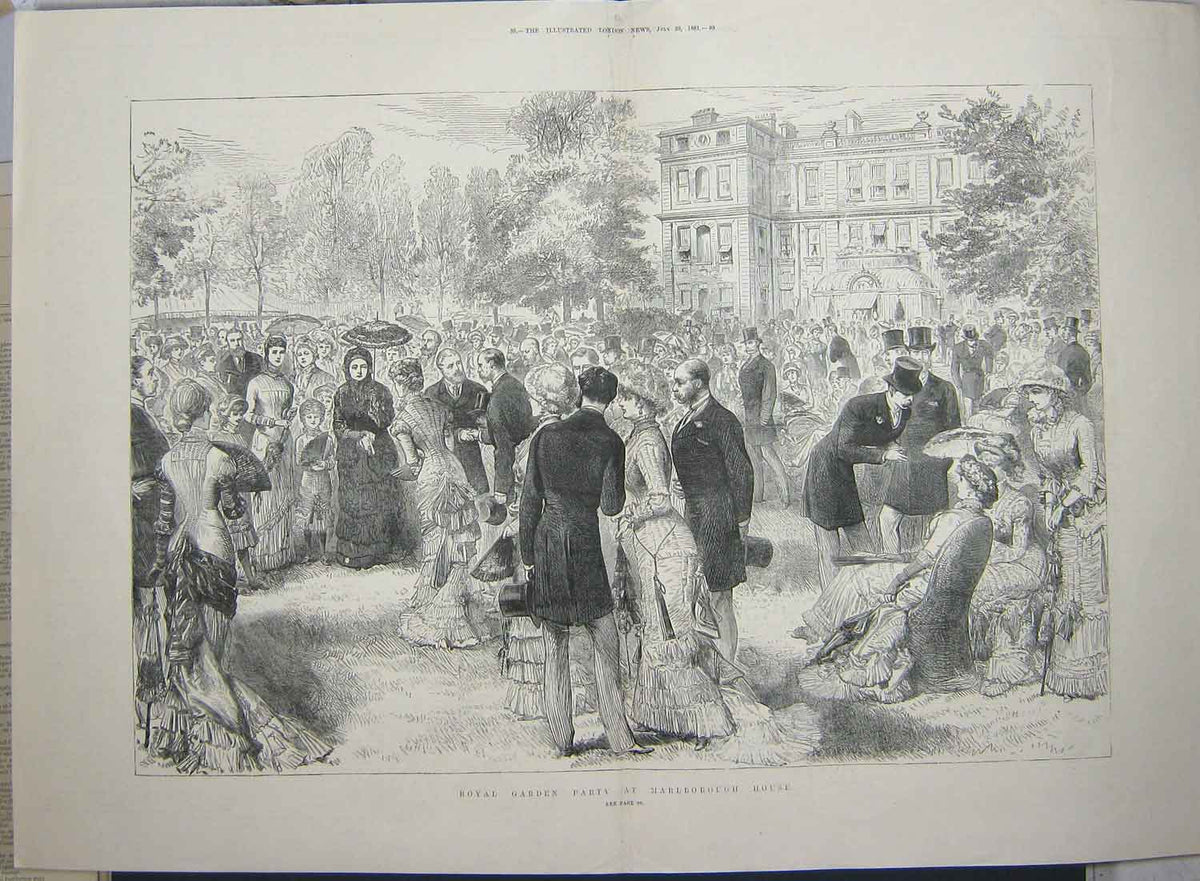 Original Old Antique Print 1881 Royal Garden Party Marlborough House Scene 19th