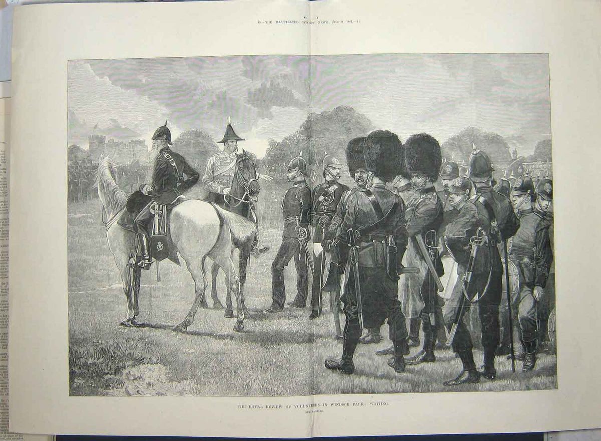 Old Antique Print 1881 Royal Review Volunteers Windsor Park London Army 19th