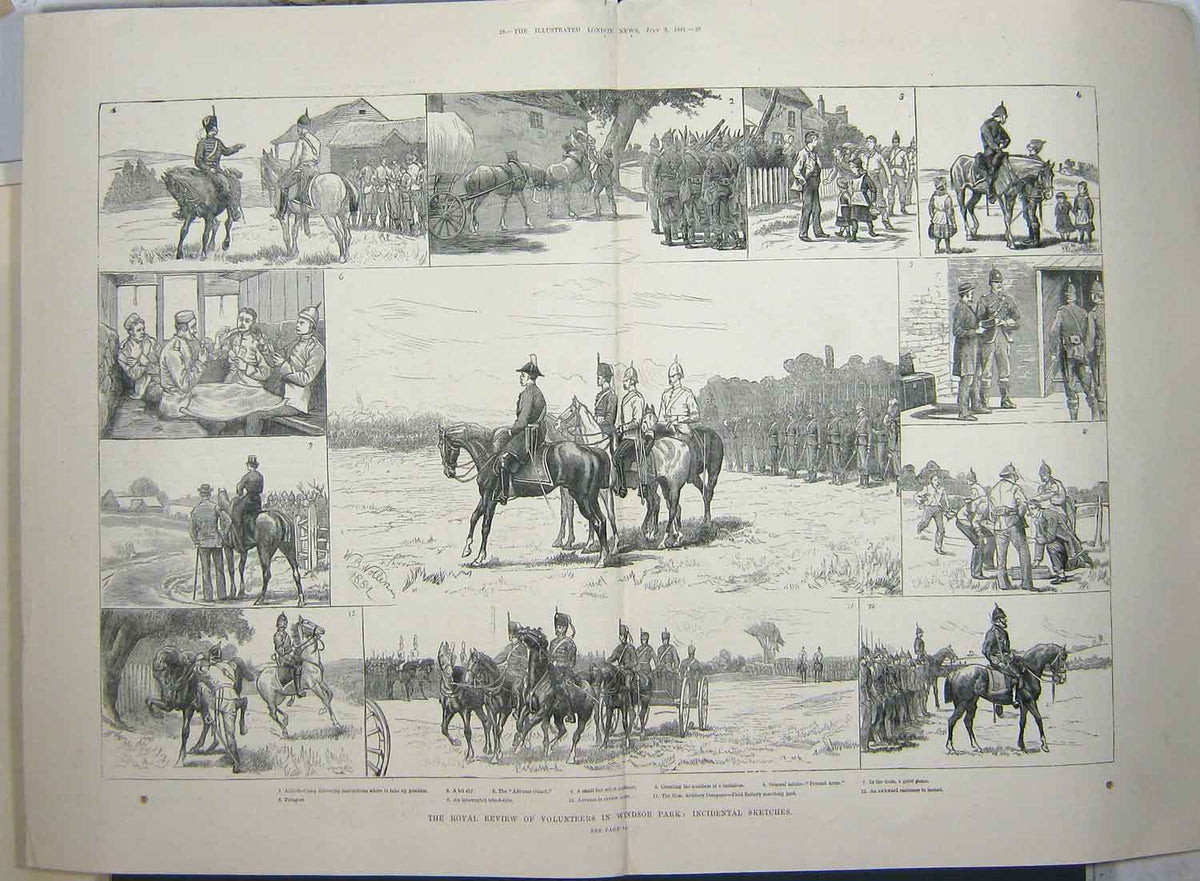 Original Old Antique Print 1881 Volunteer Siers Windsor Park Horses War 19th
