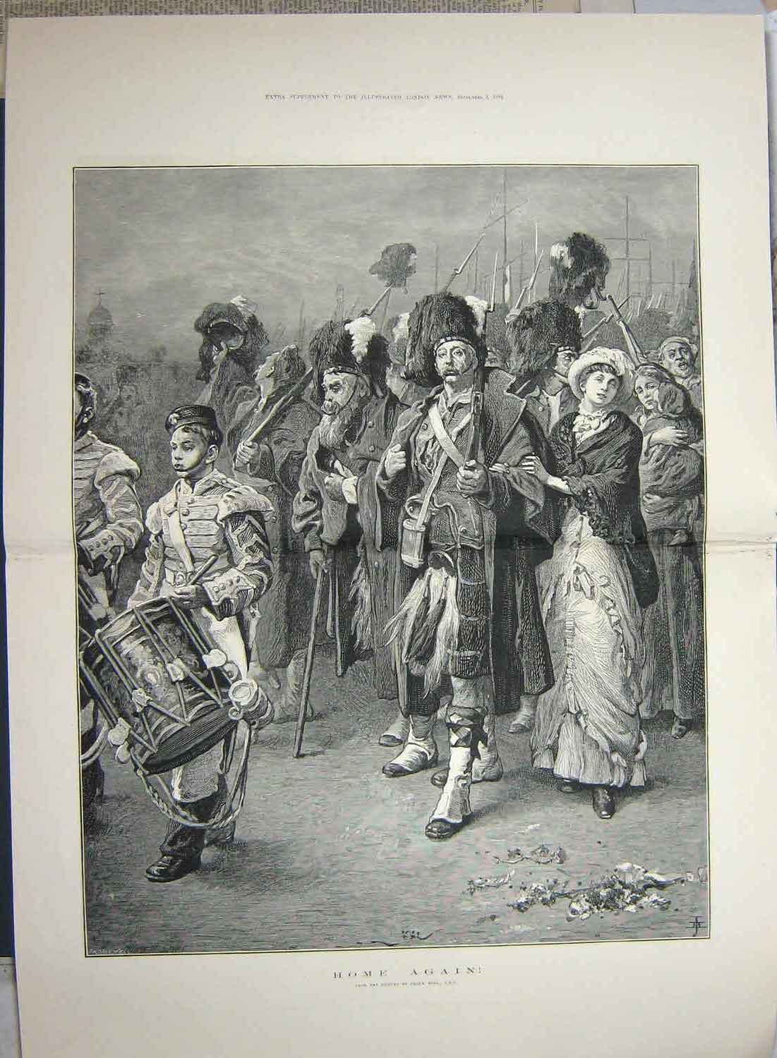 Original Old Antique Print 1881 Frank Holl Fine Art Siers Returning Home War