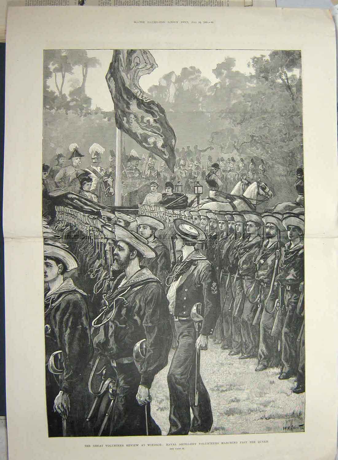 Original Old Antique Print 1881 Volunteer Naval Review Windsor Artillery Queen