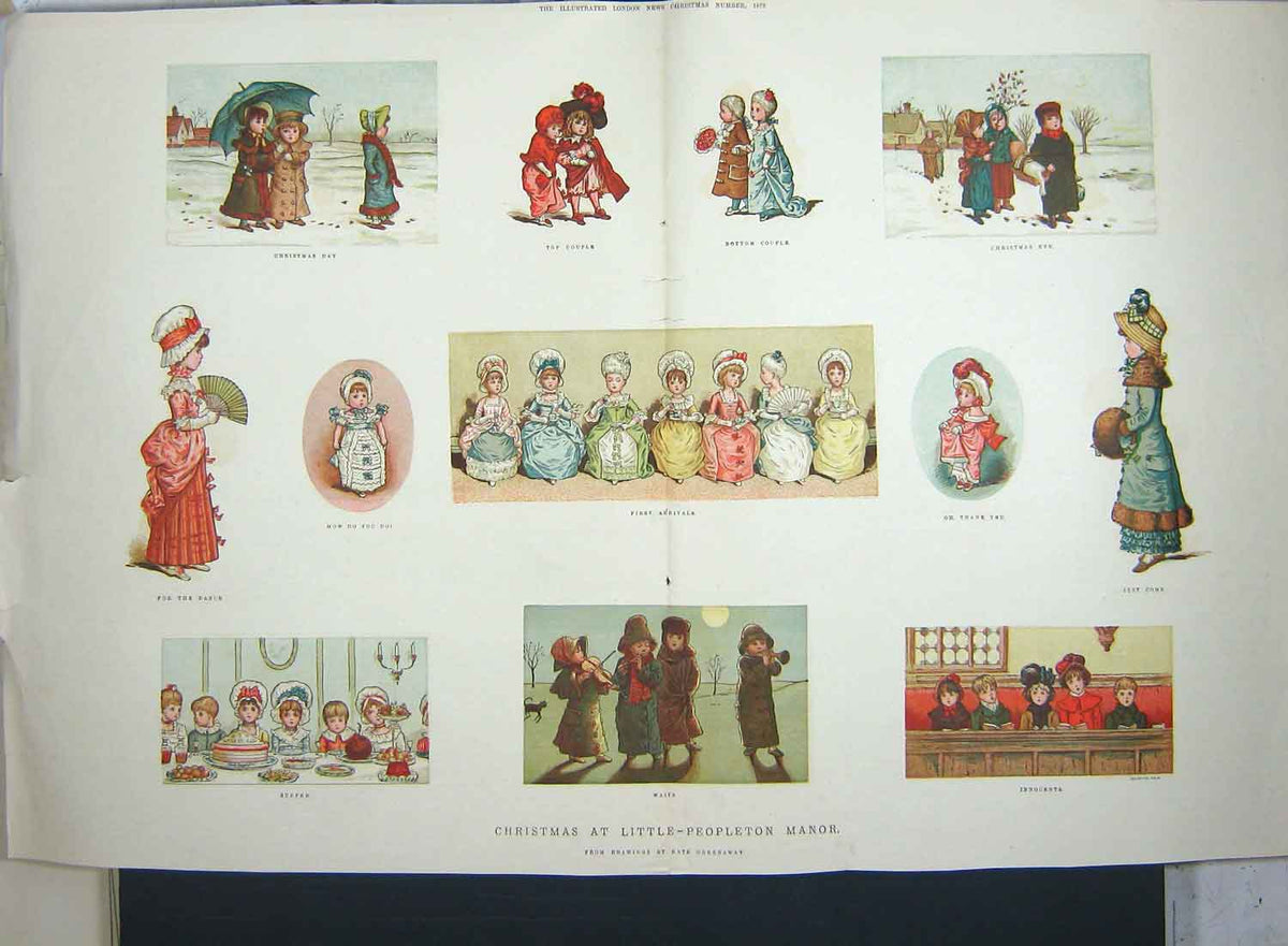 Original Old Antique Print 1879 Colour Christmas Children Little-Peopleton 19th
