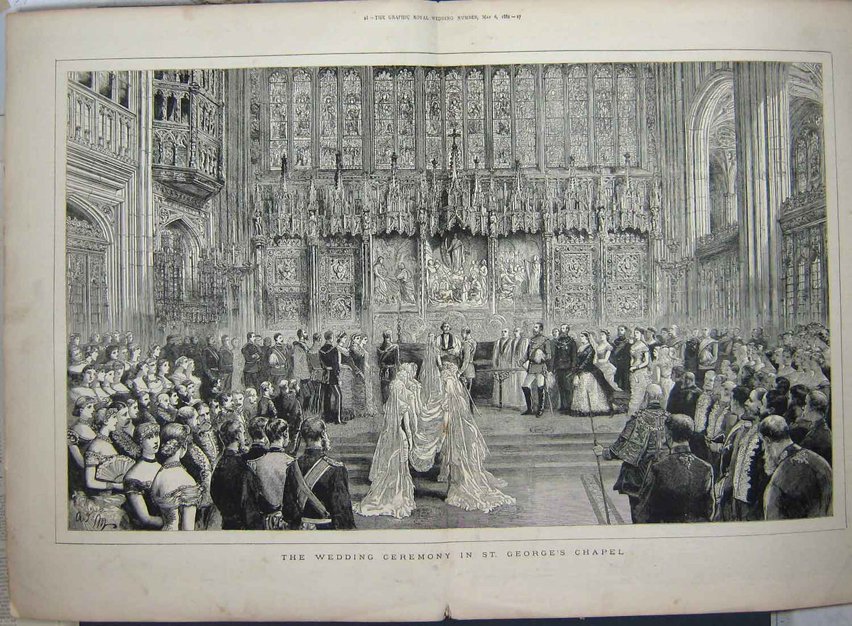 Original Old Antique Print 1882 Wedding Ceremony St. George'S Chapel Princess