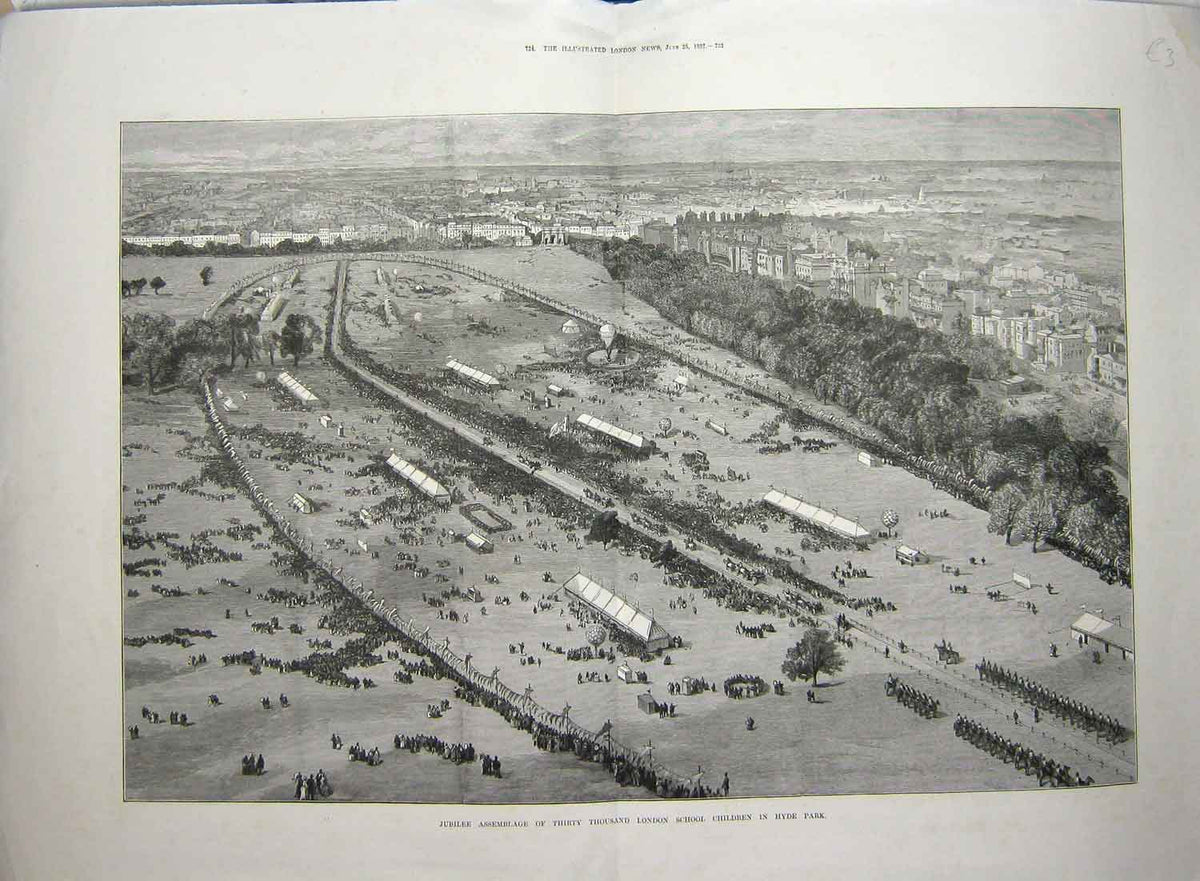 Old Antique Print 1887 Jubilee London School Children Hyde Park Fine Art 19th