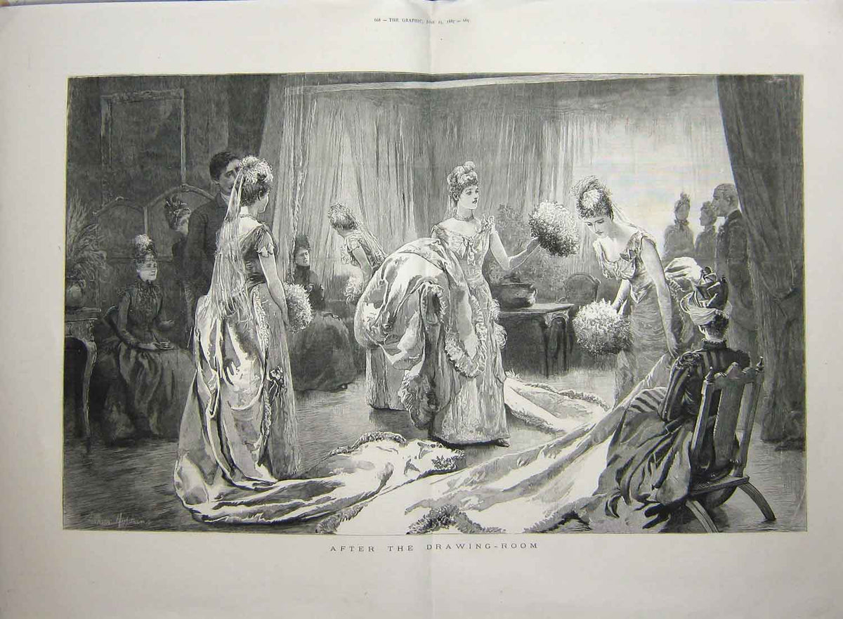 Original Old Antique Print 1887 Scene Drawing Room Bride Bridesmaids Wedding
