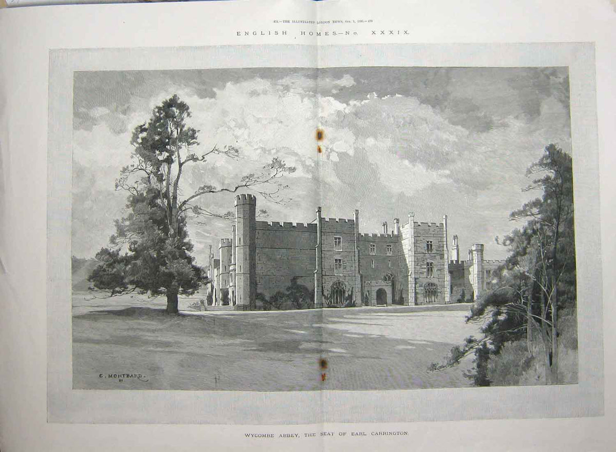 Old Antique Print 1895 Wycombe Abbey Earl Carrington English Architecture 19th