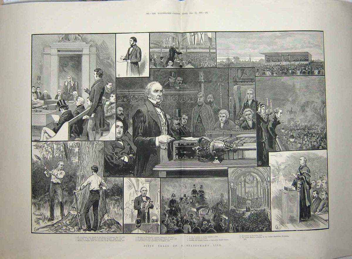 Original Old Antique Print 1883 Gladstone House Commons Leeds Hawarden Minister