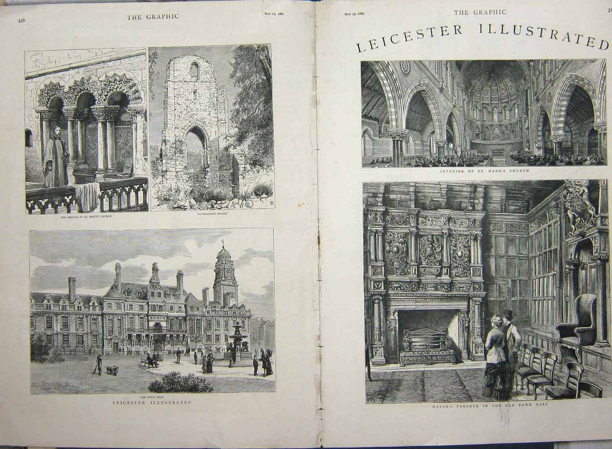Original Old Antique Print 1882 Leicester Mark'S Church Ulverscroft Priory Hall