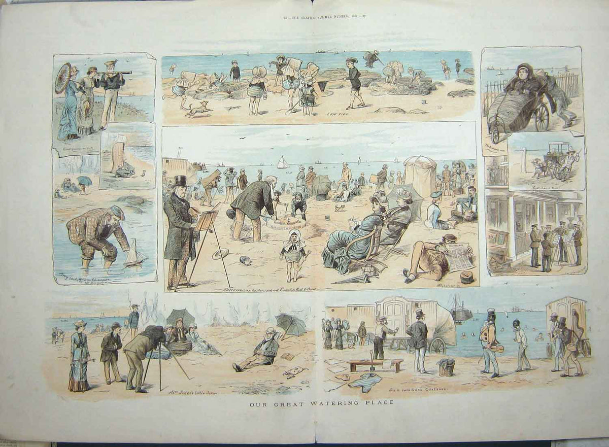 Original Old Antique Print 1881 British Sea-Side Scene Beach Sea Sand Children