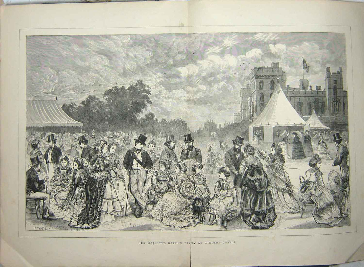 Original Old Antique Print 1870 Her Majesty Queen Garden Party Windsor Castle