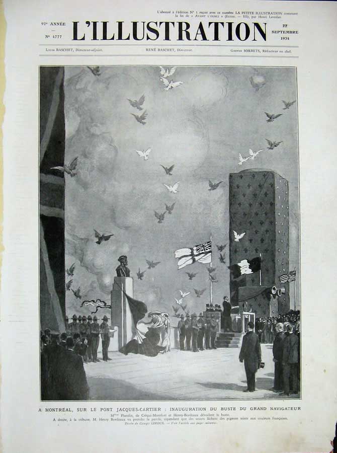 Original Old Vintage Print 1934 French Montreal Bust Flags War Siers Statue