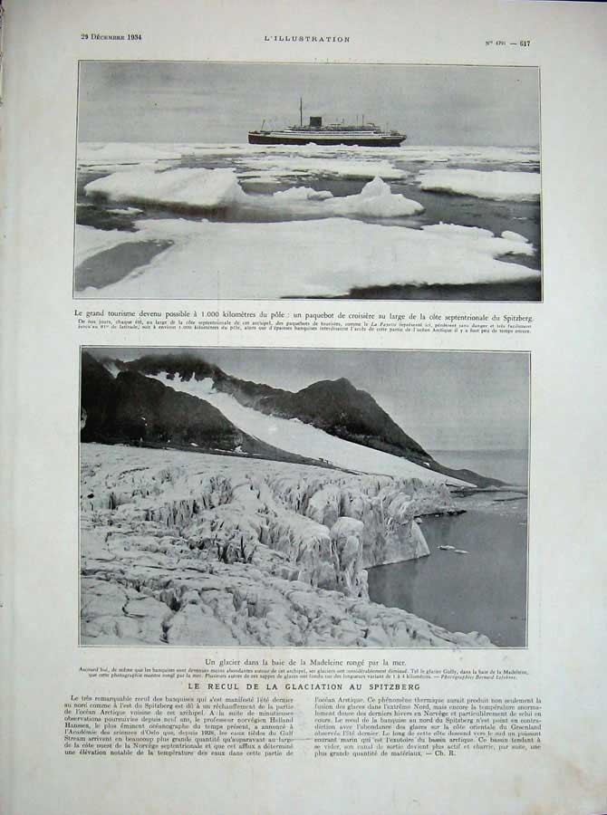 Old Vintage Print 1934 Ice Glacier Spitzberg Cruise Ship Passenger France 20th