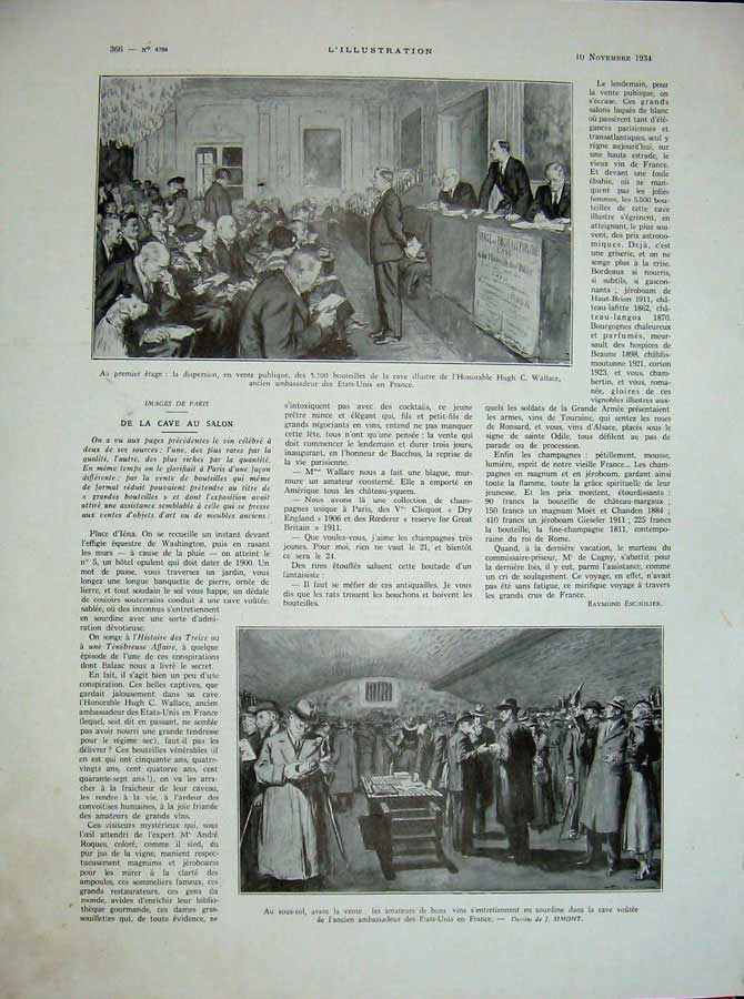 Original Old Vintage Print 1934 Men France Wine Hugh Wallace Bouteilles French