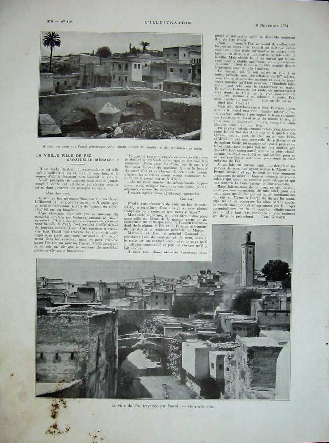 Original Old Vintage Print 1934 France Town Ville De Fez L'Oued Street Houses