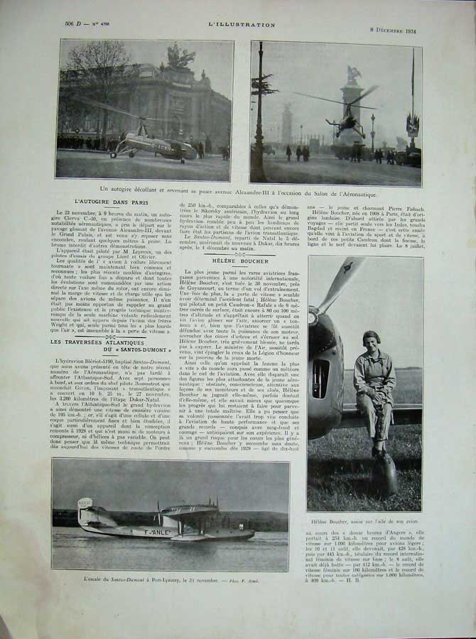 Original Old Vintage Print 1934 Helene Boucher Areoplane Helicopter Transport