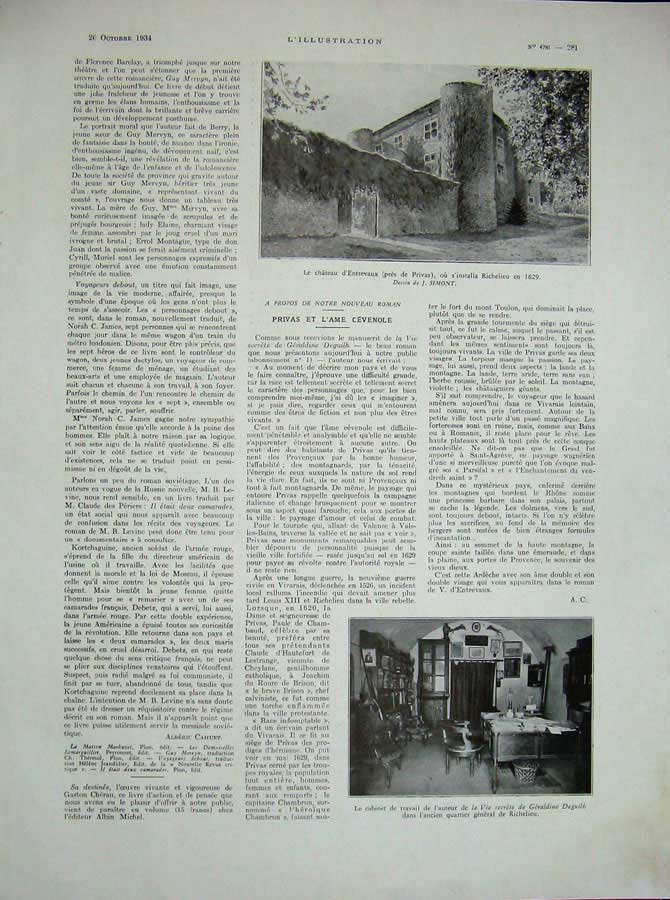 Old Vintage Print 1934 France Chateau D'Entrevaux House Room Photograph 20th