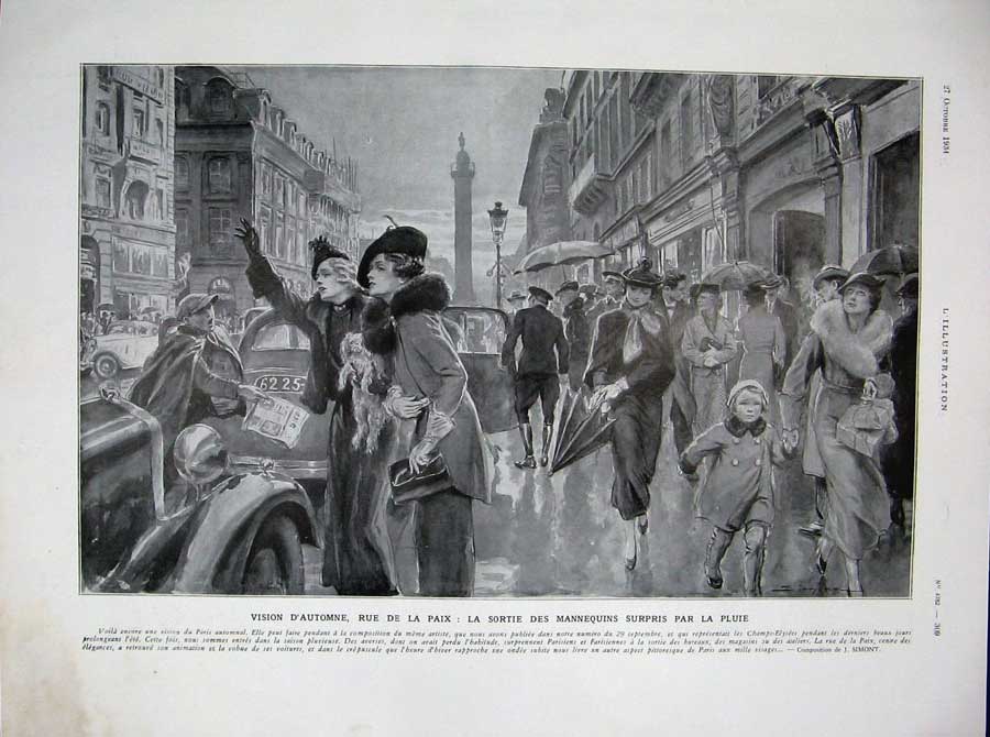 Old Vintage Print 1934 France Street Scene Rue De La Paix People Raining 20th