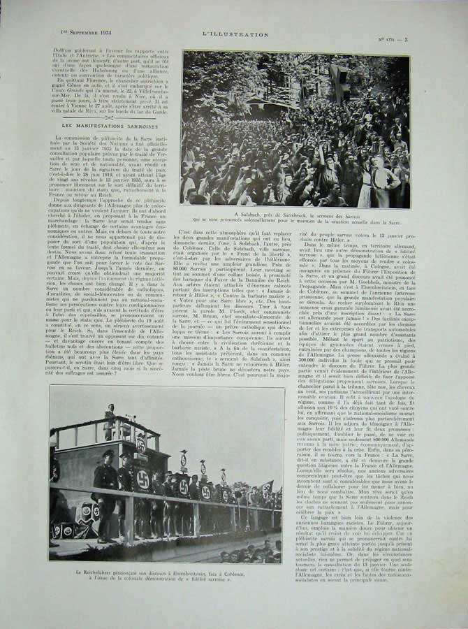 Original Old Vintage Print 1934 German Siers War Salzbach Sarrebruck Sarrois