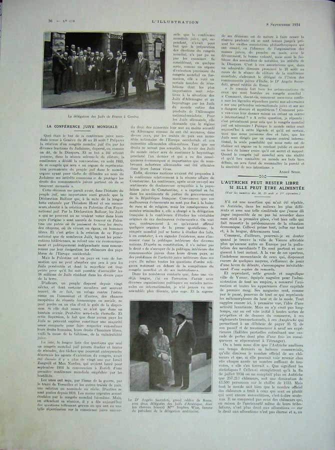 Original Old Vintage Print 1934 Delegation Jews France Geneve Angelo Sacerdoti