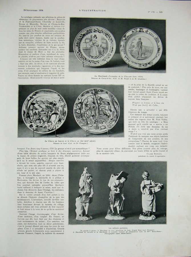 Original Old Vintage Print 1934 France China Pottery Ornaments Plates Figures