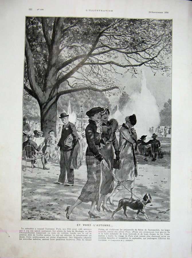 Old Vintage Print 1934 France Summer Scene Ladies Walking Dog Park Trees 20th