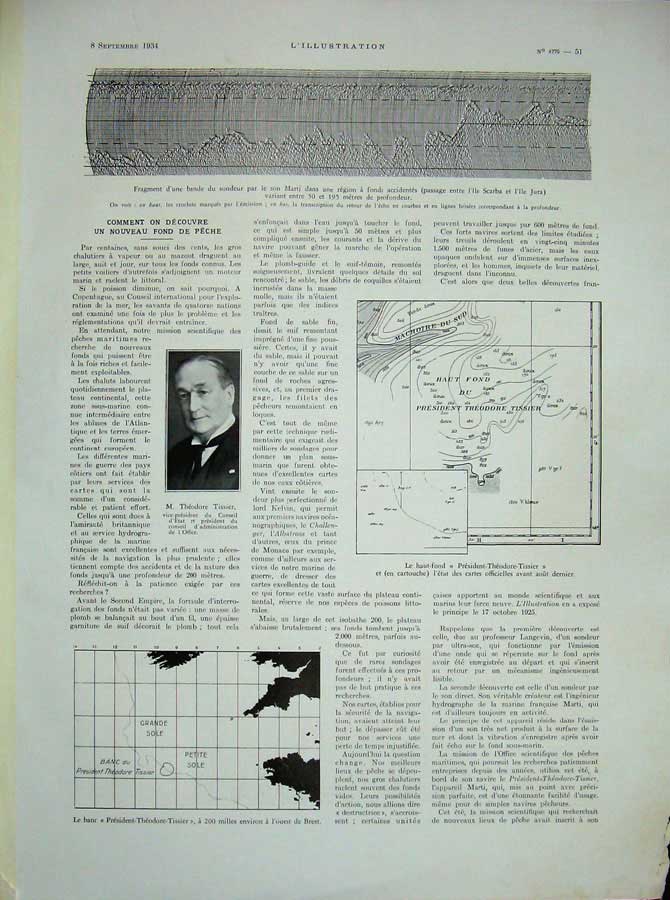 Original Old Vintage Print 1934 Ship Crew War Bouee Theodore Tissier Map Peche