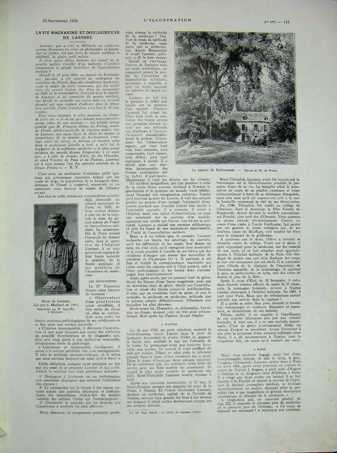 Old Vintage Print 1934 Tombe Laennec Cemetery Ploare Manoir Kerlouarnec 20th